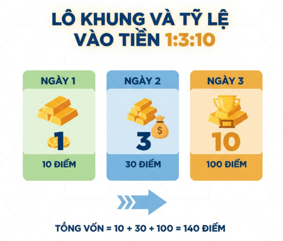 Hướng dẫn chi tiết cách vào tiền lô khung quản lý vốn nuôi lô 3 ngày với số điểm cược 10, 30 và 100 điểm.