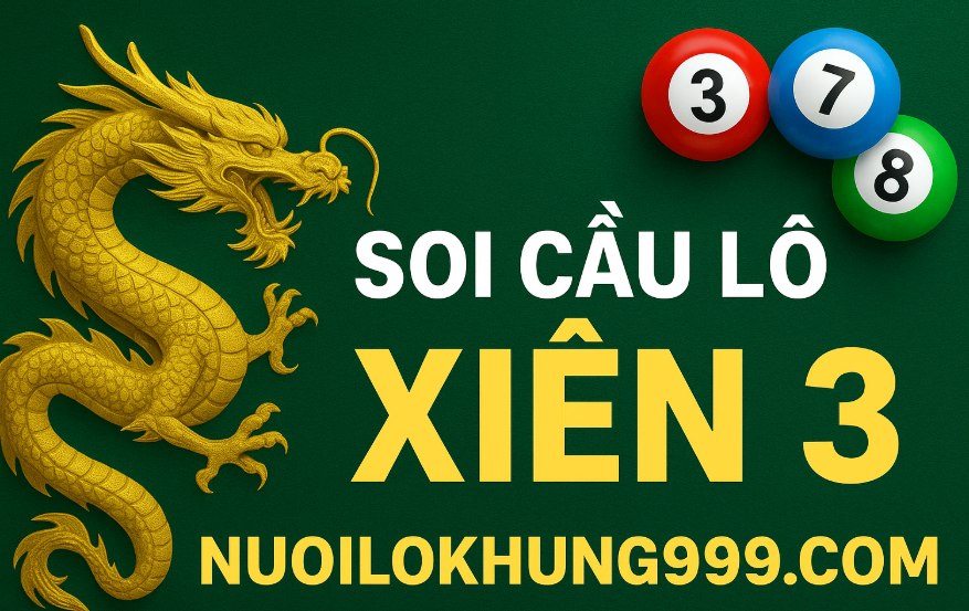 Hình rồng vàng và ba viên bi xổ số biểu tượng cho soi cầu lô xiên 3, kèm logo Nuoilokhung999.com